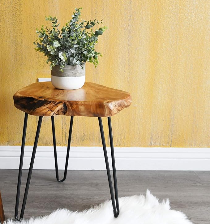 WELLAND Live Edge Side Table with Hairpin Legs, Natural Edge Side Table, Small Nightstand Wood,